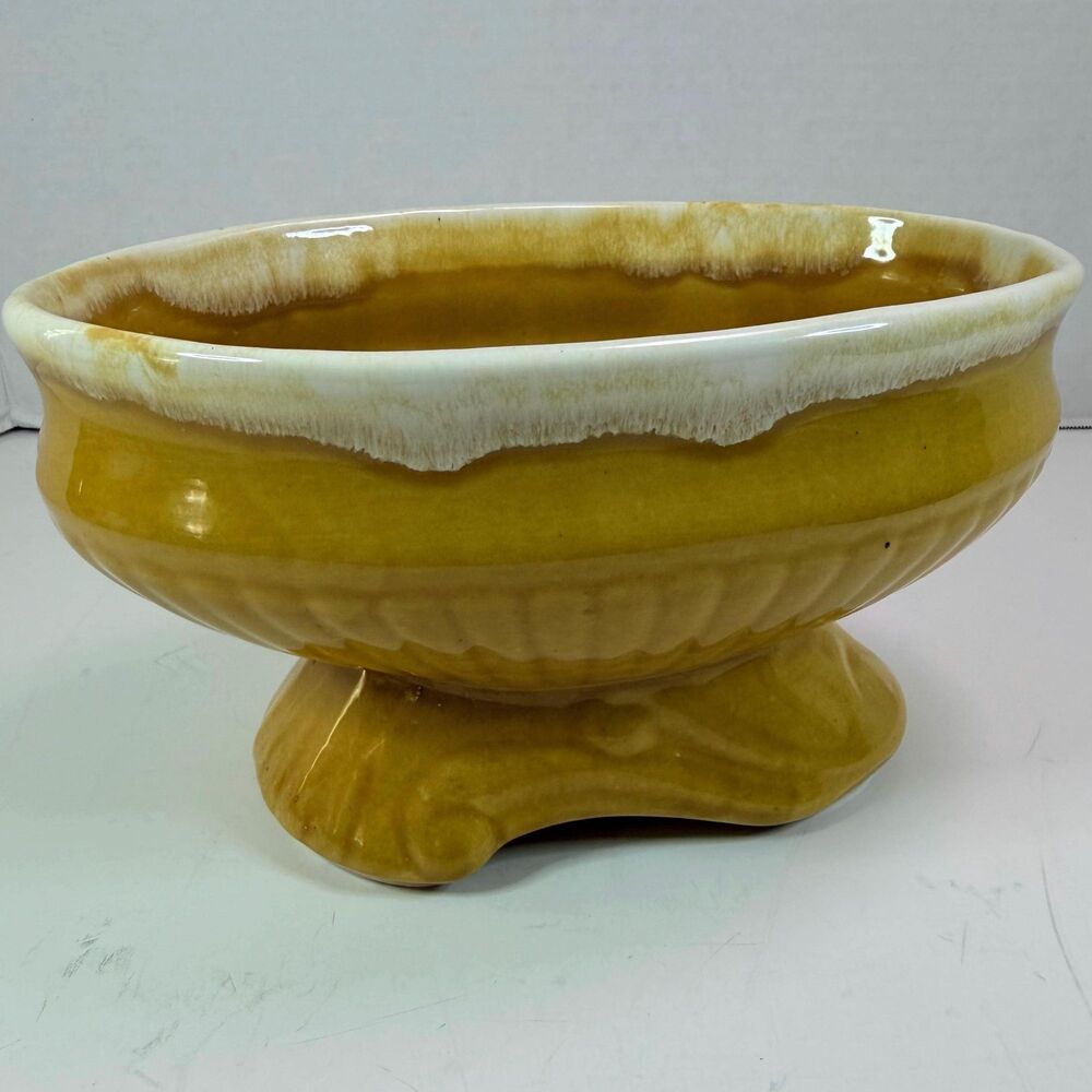 MCM Harvest Gold Footed Planter Yellow Bowl 1960s Drip Glaze Art Pottery